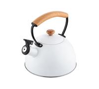 FLORINA Bouilloire en acier inoxydable NATURA (2,3 l) | Bouilloire sifflante avec poignée en bois | Sifflet automatique | Bouilloire pour plaque à induction, gazinière et plaque électrique | Blanc