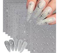 Floruvia 12er Set Silber Nail Art Sticker, autocollants pour ongles étoile et lune auto-adhésifs pour manucure DIY, décorations d'ongles pour ongles naturels et artificiels