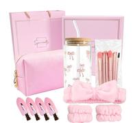 Floruvia rosa Coffret Cadeau Pour Filles Adolescentes 9-16 Ans, Ensemble Cadeau d'Anniversaire Avec Gobelet en Verre, Paille, Couvercle, Pinceaux de Maquillage, Trousse de Toilette, Barrette,