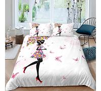 Flower Girl Housse de Couette Ensembles d'impression de papillons de Housse de Couette Parapluie floral coloré Parure de Lit 200x200cm Motif de dessin animé de fée Décor de chambre ultra doux