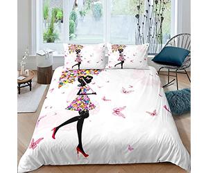 Flower Girl Housse de Couette Ensembles d'impression de papillons de Housse de Couette Parapluie floral coloré Parure de Lit 140x200cm Motif de dessin animé de fée Décor de chambre ultra doux