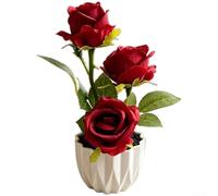 Floweringbeter Arrangement en soie à trois roses dans un récipient en gaze noire conçu pour les salons, les bureaux et les entrées modernes (rouge)