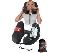 FLOWZOOM Air Coussin de Voyage Gonflable pour Avion et Voiture - Tour de Cou pour Avion Réglable avec 5 Positions de Sommeil, Gonflage Rapide, Capuche Amovible, Housse en Peluche - Taille M, Noir