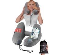 FLOWZOOM Air Oreiller Gonflable de Voyage pour Avion et Voiture - Coussin de Voyage Réglable avec 5 Positions de Sommeil, Gonflage Rapide, Capuche Amovible, Housse en Peluche - Taille M, Gris