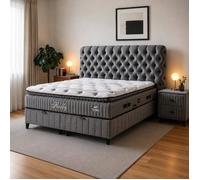 Fluffy Lit Boxspring avec Coffre, Lit Double Capitonné, Tête de Lit, Matelas Orthopédique 7 Zones avec Surmatelas (Gris, 180x200)