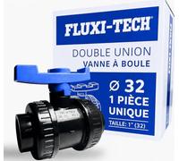 FLUXI-TECH - Vanne à Boule PVC Ø 32 mm - 1 Pièce - Double Union à Coller - Pression PN16 bars - Résistante aux Produits Chimiques (60°C) - pour Piscine, Jardin, Arrosage, Plomberie - Poignée Bleue