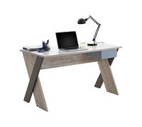 FMD furniture Bureau de Travail, Bureau d'ordinateur, Table de Travail en chêne Sable, Bleu et Anthracite avec tiroir 135 x 75 x 67,5 cm (LxHxP)