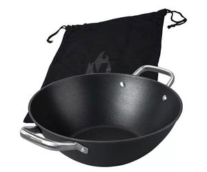 FMprofessional Force Wok en fonte 32 cm - Poêle wok avec revêtement antiadhésif de qualité supérieure - Convient à tous les types de feux (y compris induction) - Environ 33 x 42,8 x 12 cm
