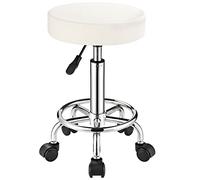 FNZIR Tabouret réglable avec roulettes, tabouret rond moderne pour spa, salon, massage, bureau, siège en cuir synthétique blanc, capacité de 113,4 kg