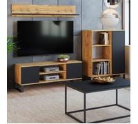 FOCUS Meuble TV 2 portes - Décor chêne wotan et noir - L 155 x P 40 x H 49 cm Armoire TV