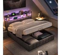 FOERPL Lit Capitonné 140x190 avec Rangement, Lit Coffre avec LED et Ports de Charge USB lit Double Rembourré Tissu en Lin Cadre de LIT avec Lattes, sans Matelas (Gris A, 140 x 190cm)