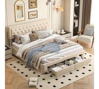FOERPL Lit Coffre 160x200 avec Sommier, Lit Tiroir avec Grand Tiroir au Bout dulit,Cadre de LITVelours, avec Sommier à Lattes en Bois (Beige Velours, 160x200 cm)
