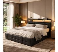 Fofetbfo Lit capitonné 160x200 avec tiroir de lit, lit double avec éclairage LED et USB, lit escamotable hydraulique avec tiroir de rangement et tête de lit rembourrée, lit de fonction pour