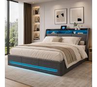 Fofetbfo Lit double capitonné 140 x 200 cm, avec LED et USB, lit escamotable hydraulique avec rangement et sommier à lattes, cadre de lit fonctionnel avec rangement intégré dans la tête de lit, lit