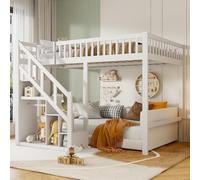 Fofetbfo Lit Superposé Enfant avec escalier à Angle Droit 140 x 200 cm, Lit Mezzanine Enfant avec Espace de Rangement, Protection Anti Chute, Lit cabane Enfants lit Double lit Simple, Blanc