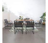 CONCEPT USINE | Salon de Jardin 6 Places FOGGIA avec Table Rectangulaire Effet Bois | 6 Chaises Empilables en Acier et Toile Gris | Résistant UV et Déperlant | Design Moderne Extérieur Terrasse
