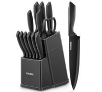 FOHERE Bloc de Couteaux,13 Pièces, Couteau Cuisine avec Affûteur Intégré, Acier Inoxydable, Ensemble de Couteaux avec Poignée en PP, avec Bloc Couteaux en Plastique, Gris Mat
