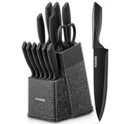 FOHERE Bloc de Couteaux,13 Pièces, Couteau Cuisine avec Affûteur Intégré, Acier Inoxydable, Ensemble de Couteaux avec Poignée en PP, avec Bloc Couteaux en Plastique, Granit Noir