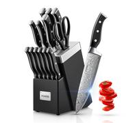 FOHERE Couteau Cuisine, 14 Pièces Bloc de Couteaux avec Affûteur Intégré, Set Couteau Cuisine en Acier Inoxydable, Bloc Noir en Bois