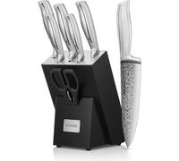 FOHERE Couteau Cuisine, 7 Pièces Set Couteaux Cuisine avec Technologie Affûteur Intégré, Couteaux de Cuisine en Acier Inoxydable, avec Bloc Couteaux en Bois