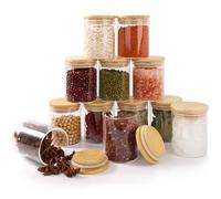 FoiiLiio 12 Bocaux à Épices Ronds en verre 200 ml avec couvercle en Bambou, RéCipient à ÉPices, Ensemble de Pots à ÉPices, Boite a Epices Cuisine Rangement avec Étiquettes Vierges