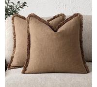 Foindtower Lot de 2 housses de coussin décoratives à franges en lin confortable avec pampilles de style rustique pour chaise, sofa, lit, salon, décoration d'intérieur, 43,2 x 43,2 cm, marron kaki