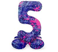 Folat 63925 Ballon Aluminium Numéro avec base Chiffre 5 Paint Splash 72 cm-Pour Date, Anniversaire, Décoration, pas besoin d'hélium, Coloré