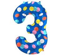 Folat 64183 Ballon Aluminium Numéro Chiffre 3 Colorful Dots 86 cm-héliumballon pour Date, Anniversaire, Décoration, Multicolore, cm