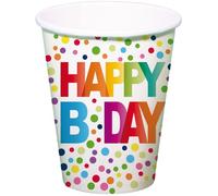 Folat Décoration d'anniversaire blanc avec des points colorés Gobelets en papier - Points - "Happy B'day" - 250 ml - 8 pièces