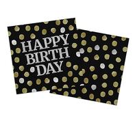 Folat Serviettes de table Glossy Black 'Happy Birthday', 68002, Zwart, Centre