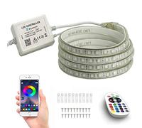 FOLGEMIR 10m Ruban de LED RGB, Bande de contrôle Bluetooth, Bandeau lumineuse dimmable avec transformateur et 24 boutons télécommande IR, 5050 SMD 60 LEDs/m, flexible, 230V strip, étanche IP65