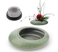 Folmywy Kit de vase japonais Ikebana en céramique avec support de tige de fleur de grenouille Kenzan de 4,9 cm, bol rond vert pour arrangement de fleurs pour décoration de table d'activités estivales