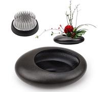 Folmywy Kit de vase japonais Ikebana en céramique avec support de tige de fleur Kenzan de 4 cm - Noir - Vase rond en forme de galet pour centres de table - Fournitures d'art à faire soi-même