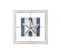 Folpus Cadre Art Mural Plaque Déco Murale Bois Tableau Panneau Cadre Carré en Pin avec Conception Strates Lattes Peintes et Motif Relief Patiné Atmosphère, Étoile De Mer Encadrée Carrée Bleu Et Blanc