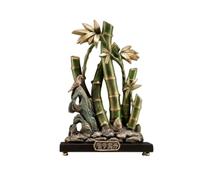 Folpus Sculpture Bambou Résine Bambou Figurine Ornement Statuette Décorative avec Oiseau et Socle Rectangulaire Pieds Dorés Motifs Inspirés Asie Adaptée au