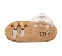 FOMIYES Beurrier en verre avec couvercle en bambou et 2 couteaux, récipient hermétique pour conserver le beurre sur le plan de travail ou réfrigérateur.