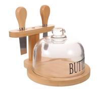 FOMIYES Ensemble de 1 beurrier en verre avec couvercle en bambou, 2 couteaux et un support à couteaux, récipient hermétique pour conserver le beurre sur le plan de travail ou réfrigérateur.