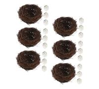 FONDOTIN 6 Pièces Nid D'oiseau Artificiel en Rotin avec Œufs Faux pour Jardin, Balcon, Décoration de Noël, Pâques, Maison, Fête