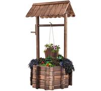 Fontaine de Jardin Rustique en Bois de Sapin - GOPLUS - Puits décoratif avec Toit Classique et Seau Suspendu