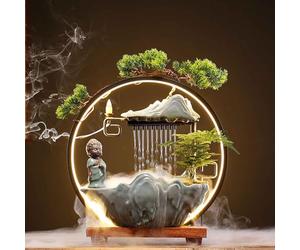 Fontaine d'eau de Table avec LED Light Mist, Backflow Incense, Petite Fontaine de Cascade de Bureau, pour la méditation, intérieur Zen Decor pour Le Bureau, Salon ou Chambre à Coucher,C