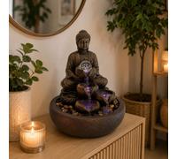 Fontaine d'intérieur bouddha zen shanti, cascade 3 niveaux et boule de verre led