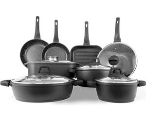 food appeal Marble Class Set 13 pièces Casseroles et poêles de cuisine Set | 20cm, 24cm, 30cm, 32cm Casseroles, marmites avec couvercle en verre | 24cm, 28cm Poêles à frire, poêles à induction | 28cm 