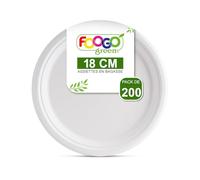 FOOGO Green 200 Assiettes Jetables Bagasse Canne à Sucre, 18 cm, pour Desserts et Entrées, Ecologiques, Biodégradables, Compostables, Pique-nique, Fête, Petites Assiettes Rondes Solides en Papier