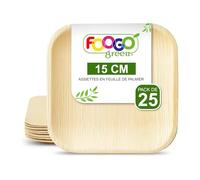 FOOGO Green 25 Assiettes Jetables Feuille de Palmier 15cm Carrées | Écologiques, Biodégradables, Compostables, Résistantes aux plats chauds, Mariage, Pique-nique, Alternative au bois