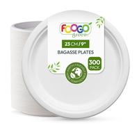 FOOGO Green 300 Assiettes Jetables Bagasse Canne à Sucre, 23 cm, Grandes, Vaisselle Jetable, Écologiques, Biodégradables, Compostables, Pique-nique, Fête, Assiettes Rondes Solides en Papier