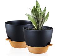 FORAGIFT Lot de 2 grands pots de fleurs en plastique avec réservoir profond et trous de drainage élevés pour intérieur et extérieur Noir terre cuite 25 cm