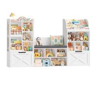 FOREHILL Bibliothèque Enfant avec Banc 179cm Meuble Rangement Enfant Blanc | 179x28x108 cm, 17 étagères 2 grands tiroirs 1 coussin de siège, Bibliotheque enfant montessori, Rangement jouet salle de jeu