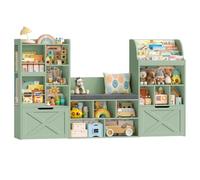 FOREHILL Bibliothèque Enfant avec Banc 179cm Meuble Rangement Enfant Vert | 179x28x108 cm, 17 étagères 2 grands tiroirs 1 coussin de siège, Bibliotheque enfant montessori, Rangement jouet salle de jeu