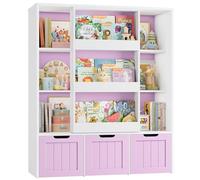 FOREHILL Bibliothèque Enfant avec Porte Coulissante, 120,5x37x100cm Rose | Meuble rangement enfant, 10 étagères 3 tiroirs roulants, Meuble rangement jouet enfant salle de jeu, Esprit montessori