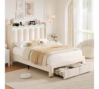 FOREHILL Lit 140x200 avec Sommier, LED, Prises, 2 Tiroirs Rangement Beige | Tête de lit velours forme ondulée, Lit double rembourré, Cadre de lit 2 personne pour adult, Coffre à lattes sans matelas